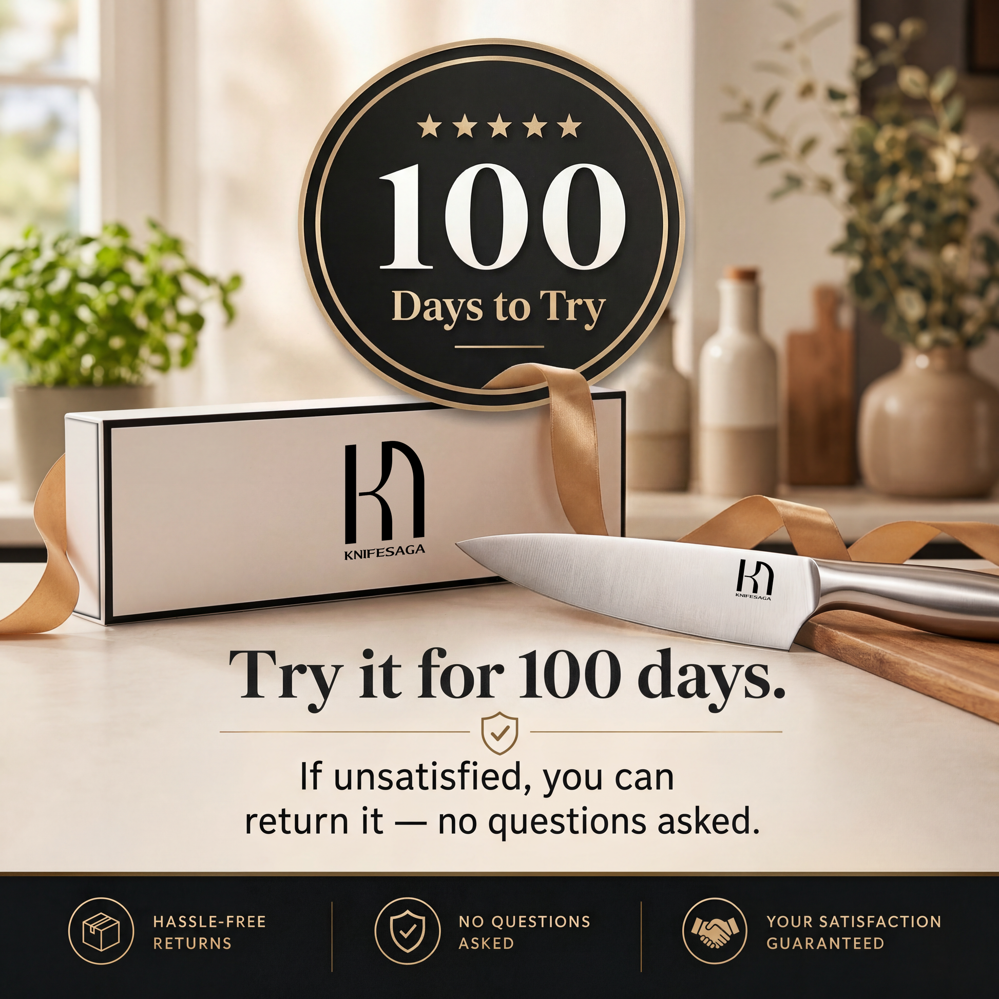 KnifeSaga kitchen knife set with 100-day risk-free trial guarantee, hassle-free returns and lifetime warranty for buyer