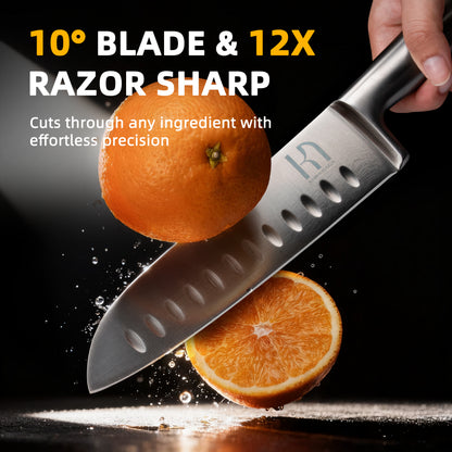 KnifeSaga santoku knife slicing through an orange with water splashes, 10-degree blade edge and 12 times sharper than standard knives for effortless precision cuts