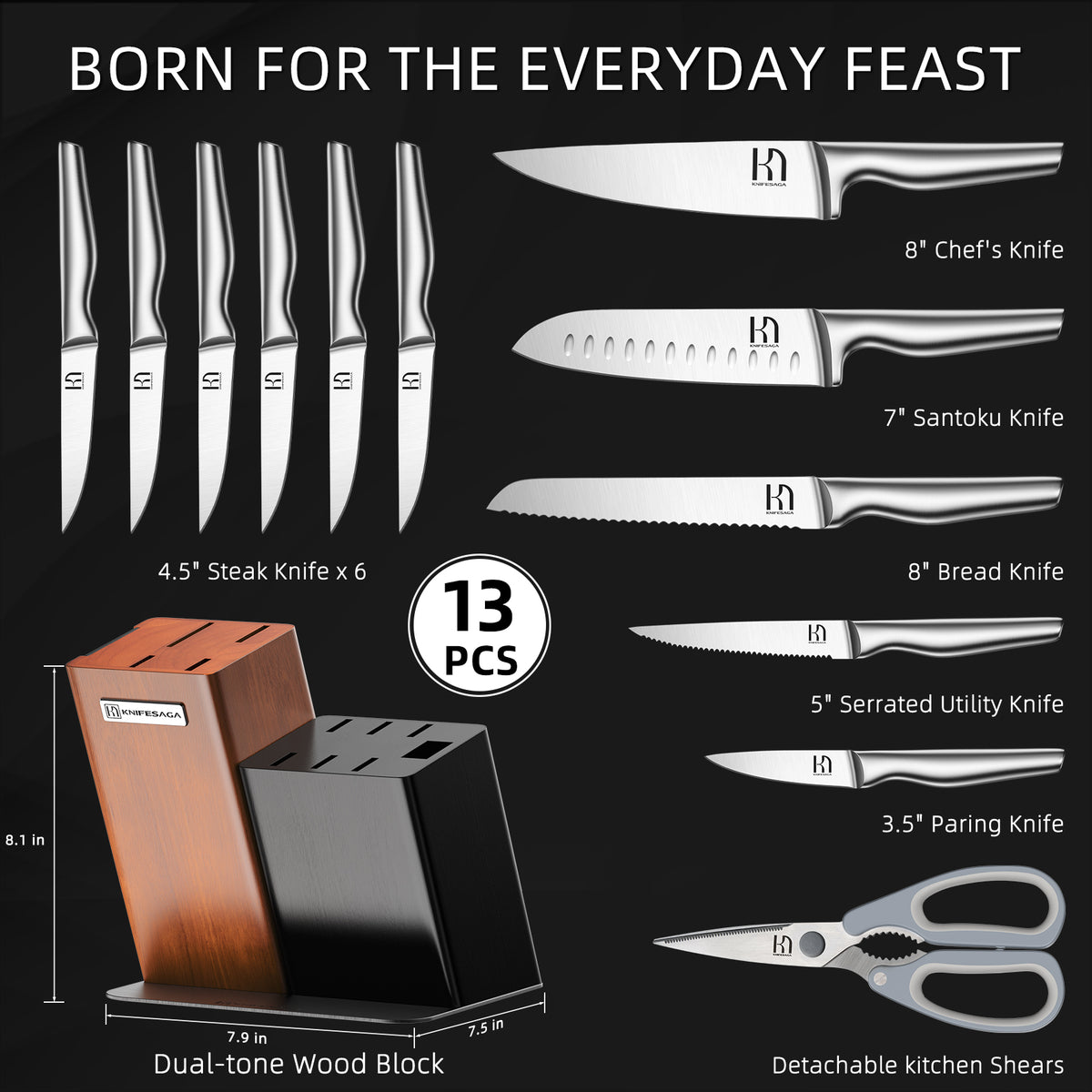 KnifeSagaX5 Pro 13-Piece Knife Set icludes an 8" chef knife, 7" Santoku knife, 8" bread knife, 5" serrated utility knife, 3.5" paring knife, six 4.5" steak knives, detachable kitchen shears, and a magnetic knife block.
