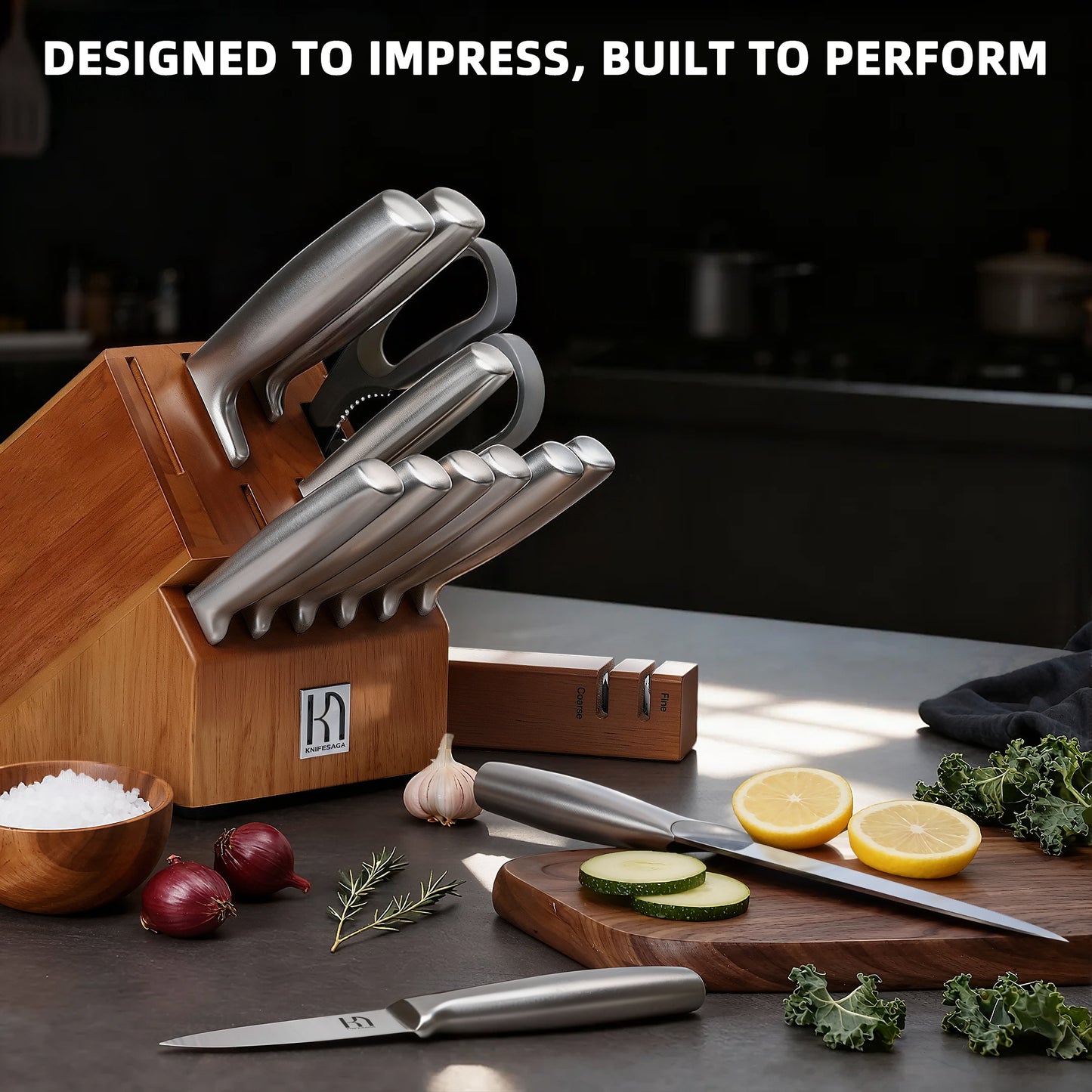 Set of knives in a wooden block on a kitchen counter with vegetables and herbs.