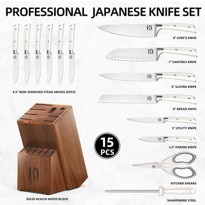 Professional Japanese knife set ​includes: 8″ chef, 8″ bread, 8″ slicing, 7″ santoku, 5″ utility, 3.5″ paring, six 4.5″ non-serrated steak knives, shears, sharpening steel