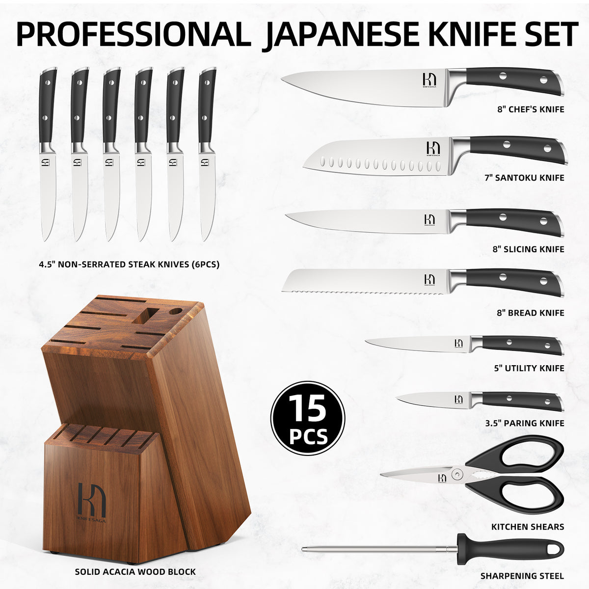 Professional Japanese knife set comes with 8" chef knife, 8" bread knife, 8" slicing knife, 7" santoku knife, 5" utility knife, 3.5" paring knife, 6pcs 4.5" steak knife set, multi-purpose shears, sharpening steel all housed in a solid acacia wood block with non-slip bottom