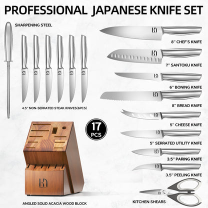 Professional Japanese knife set comes with 8" chef knife, 7" santoku knife, 6” boning knife, 8" bread knife, 5" cheese knife, 5" serrated utility knife, 3.5" paring knife, 3.5" peeling knife, 4.5" non-serrated steak knives set of 6 piece, kitchen shears, knife sharpener all housed in an angled brown solid acacia wood block with non-slip bottom