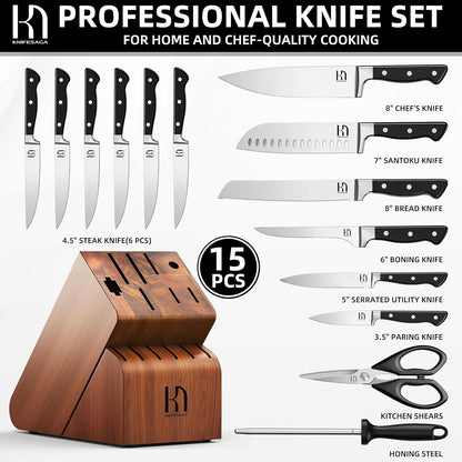 Knifesaga Knife Set, 15 Pcs Kitchen Knife Block Set, Enduring Razor-Sharp Japanese High Carbon Stainless Steel Chef Knife Set