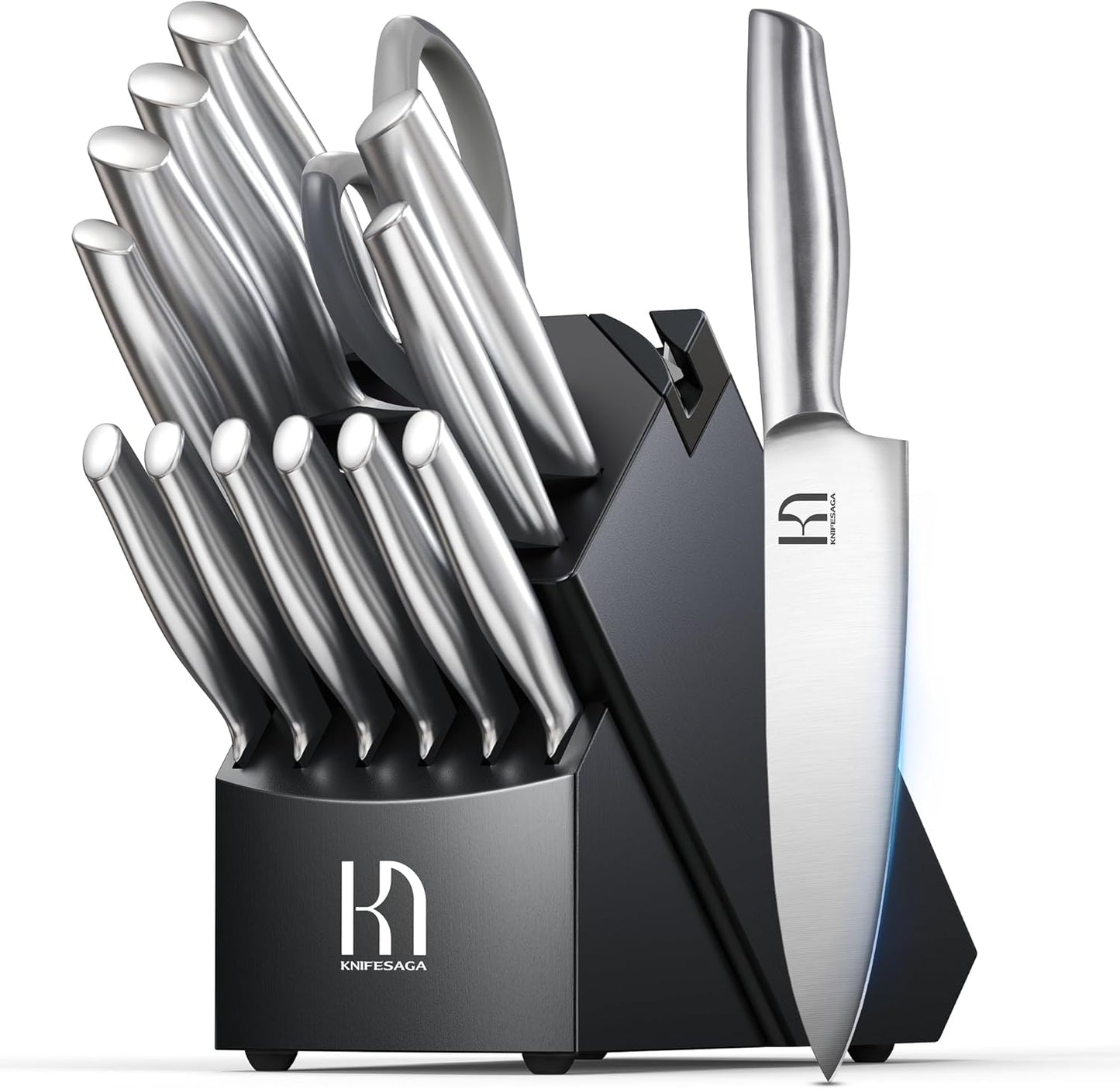 Knifesaga Knife Set Premium, Japanese 14 PCS Kitchen Knife Set with Block and Built-in Sharpener High Carbon Stainless Steel, Ultra Sharp Knife Block Set for Kitchen