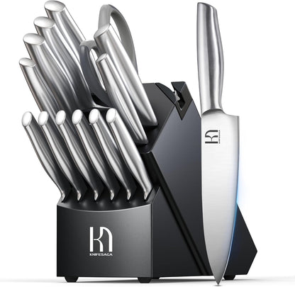 Knifesaga Knife Set Premium, Japanese 14 PCS Kitchen Knife Set with Block and Built-in Sharpener High Carbon Stainless Steel, Ultra Sharp Knife Block Set for Kitchen