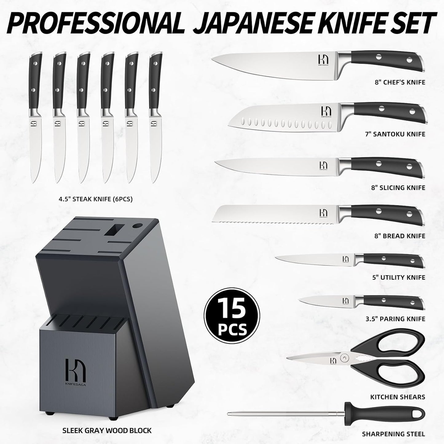 Knifesaga Premium Knife Set 15 Pcs Quality Kitchen Knife Set with Block, Japanese High Carbon Stainless Steel Razor Sharp Knife Block Set