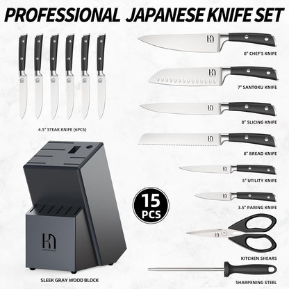 Knifesaga Premium Knife Set 15 Pcs Quality Kitchen Knife Set with Block, Japanese High Carbon Stainless Steel Razor Sharp Knife Block Set