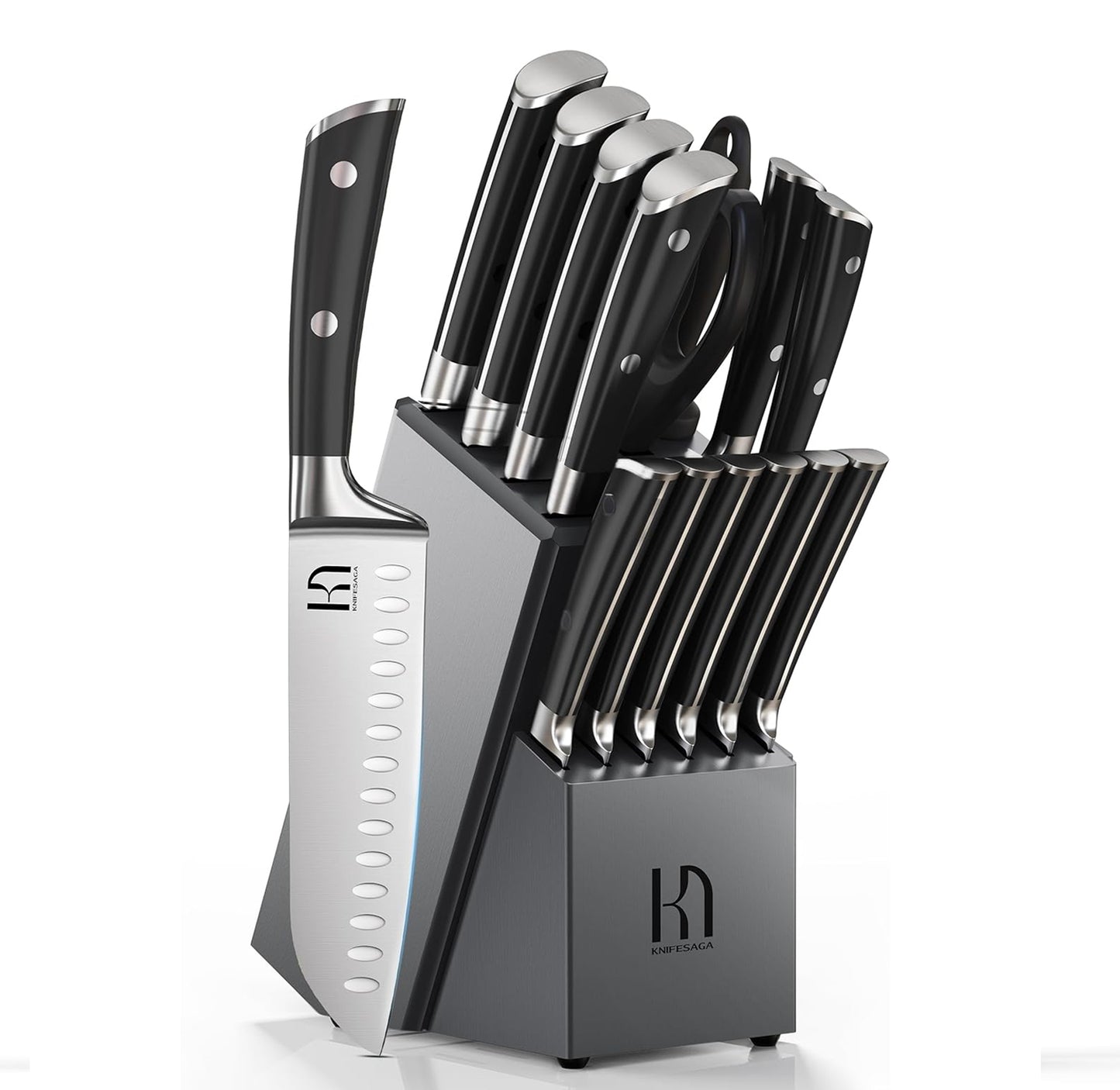 Knifesaga Premium Knife Set 15 Pcs Quality Kitchen Knife Set with Block, Japanese High Carbon Stainless Steel Razor Sharp Knife Block Set