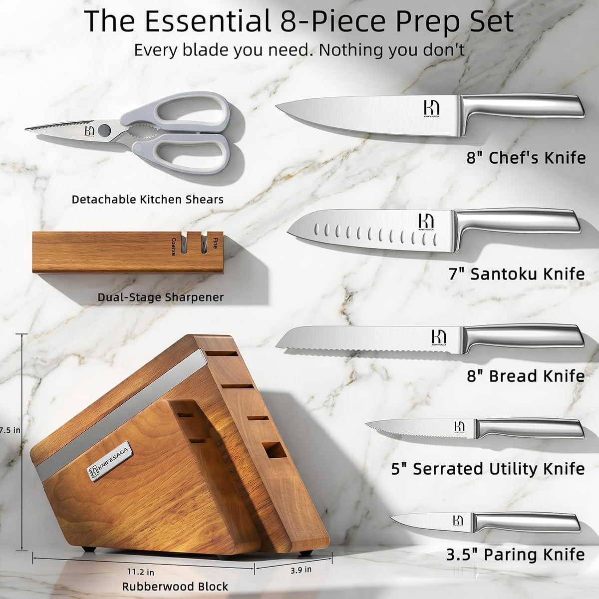 KnifeSaga 8-piece prep set breakdown on marble background showing 8-inch chef knife, 7-inch santoku knife, 8-inch bread knife, 5-inch serrated utility knife, 3.5-inch paring knife, detachable kitchen shears, dual-stage sharpener and rubberwood block