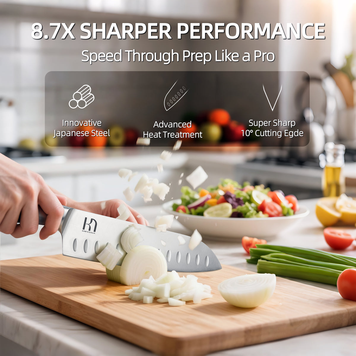 Hand dicing white onion with a KnifeSaga santoku knife on wooden cutting board in a home kitchen, 8.7 times sharper performance with innovative Japanese steel, advanced heat treatment and 10-degree cutting edge for fast prep
