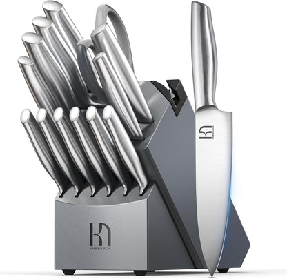 Knifesaga Knife Set Premium, Japanese 14 PCS Kitchen Knife Set with Block and Built-in Sharpener High Carbon Stainless Steel, Ultra Sharp Knife Block Set for Kitchen