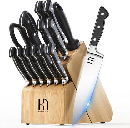 Knifesaga Knife Set, 15 Pcs Kitchen Knife Block Set, Enduring Razor-Sharp Japanese High Carbon Stainless Steel Chef Knife Set