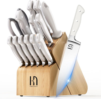 Knifesaga Knife Set, 15 Pcs Kitchen Knife Block Set, Enduring Razor-Sharp Japanese High Carbon Stainless Steel Chef Knife Set