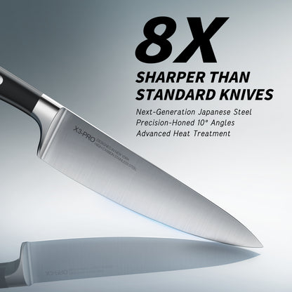 KnifeSaga X3 Pro chef knife floating against a steel gradient background, 8 times sharper than standard kitchen knives with Japanese next-generation steel, precision-honed 10-degree angles and advanced heat treatment
