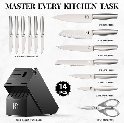 Set of knives with a black knife block includes: 8" chef, 8" bread, 8" slicing, 7" santoku, 5" utility, 3.5" paring, six 4.5" non-serrated steak knives, kitchen shears, and built-in sharpener