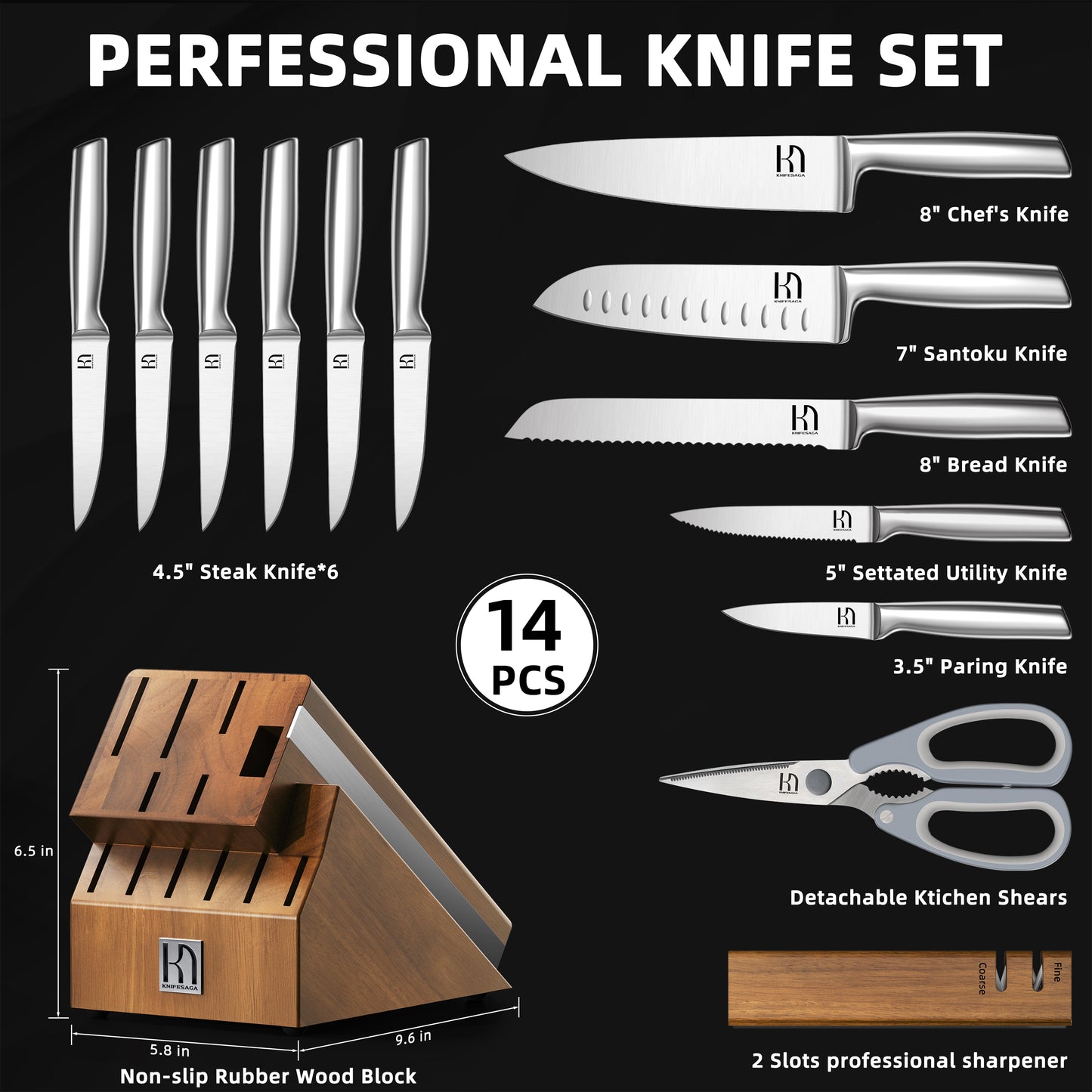 Professional knife set includes an 8" chef knife, 7" santoku knife, 8" bread knife, 5" utility knife, 3.5" paring knife, six 4.5" steak knives, kitchen shears, detachable magnetic sharpener, and low-angle hardwood block