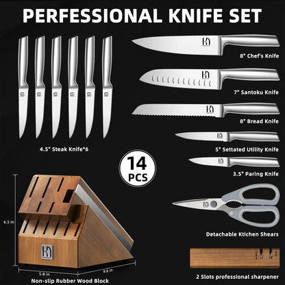 Professional knife set includes an 8" chef knife, 7" santoku knife, 8" bread knife, 5" utility knife, 3.5" paring knife, six 4.5" steak knives, kitchen shears, detachable magnetic sharpener, and low-angle hardwood block