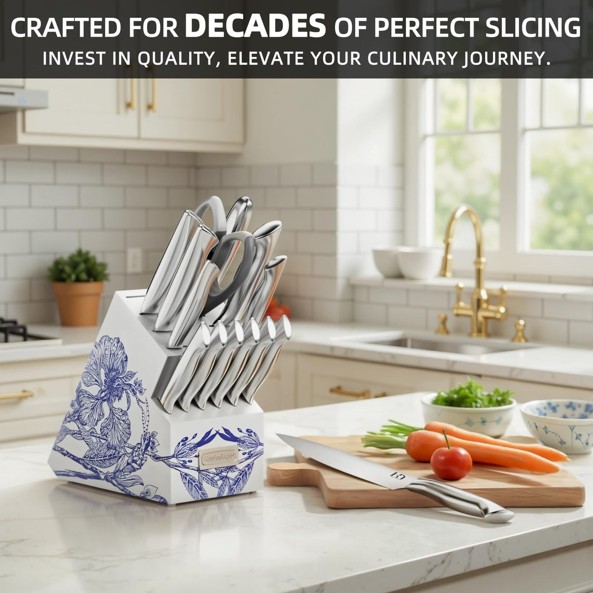 KnifeSaga 15-piece kitchen knife set with white and blue floral ceramic knife block in bright modern kitchen with marble counter, fresh vegetables and stainless steel chef knife on cutting board
