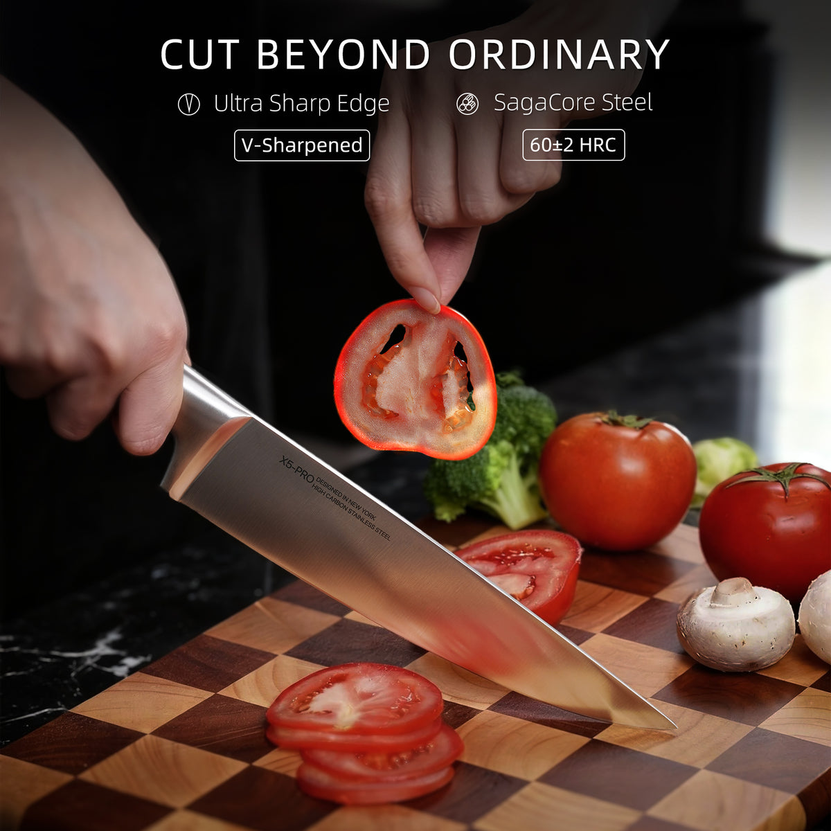 Hand slicing fresh tomatoes and red bell pepper with the KnifeSaga X5 Pro chef knife showing V-sharpened SagaCore steel blade at 60 plus or minus 2 Rockwell hardness