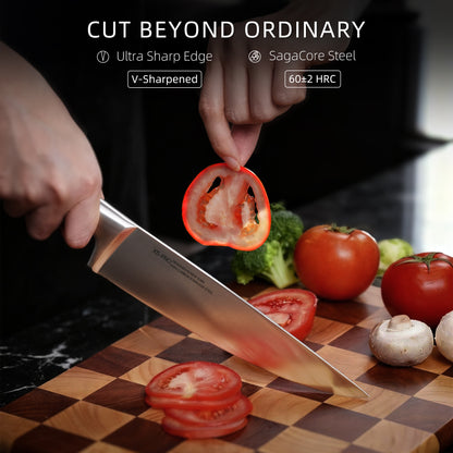 Hand slicing fresh tomatoes and red bell pepper with the KnifeSaga X5 Pro chef knife showing V-sharpened SagaCore steel blade at 60 plus or minus 2 Rockwell hardness