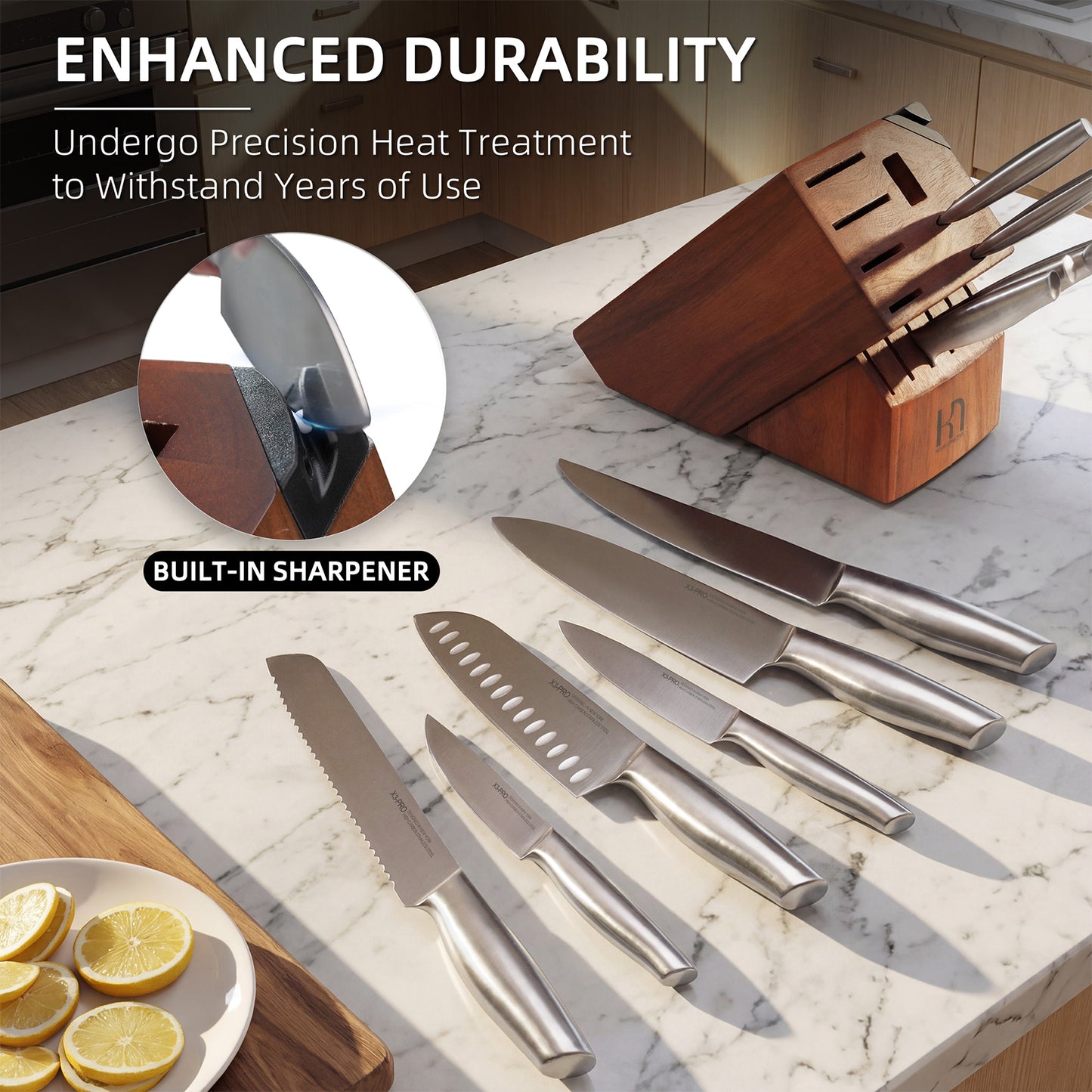 KnifeSaga 14-piece stainless steel kitchen knife set with built-in sharpener on marble counter, precision heat-treated blades designed for years of durable everyday use