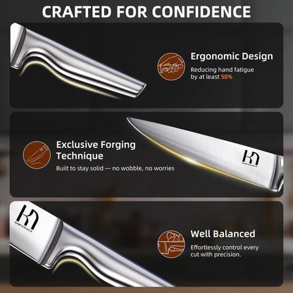 Knife blade with ergonomic design, forging technique, and balanced features on a dark background.