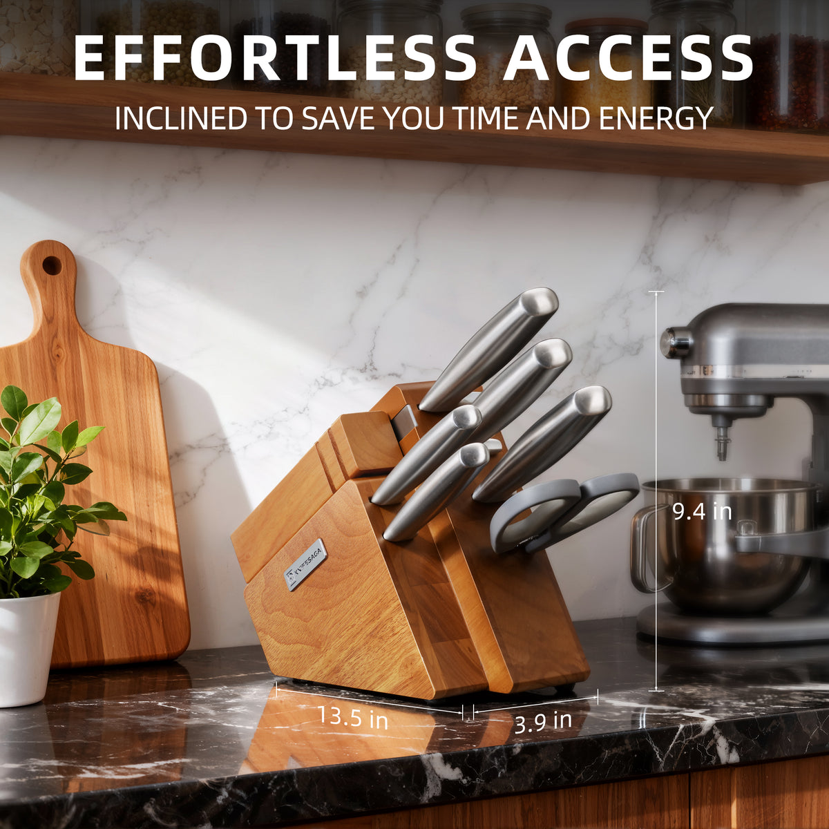 KnifeSaga 8-piece knife set on kitchen counter, inclined wooden block 13.5 x 3.9 x 9.4 inches with detachable sharpener