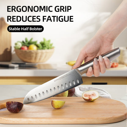 Close-up of all-stainless steel KnifeSaga chef knife showing seamless one-piece construction for ultimate balance and ergonomic design that reduces hand fatigue
