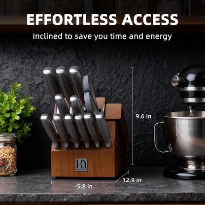 Inclined KnifeSaga 8-piece knife block set on dark kitchen counter with height dimensions 9.6 by 12.9 by 5.8 inches, ergonomic angled design for effortless knife access beside a stand mixer