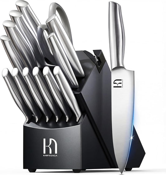 KnifeSaga 14 Pcs Knife Block Set, Premium, Razor Sharp, Japanese Steel
Innovative Steel, High Carbon Stainless, Enduring Sharpness, Ergonomic Handle, Quality Acacia Wood Block, Built-in Sharpener