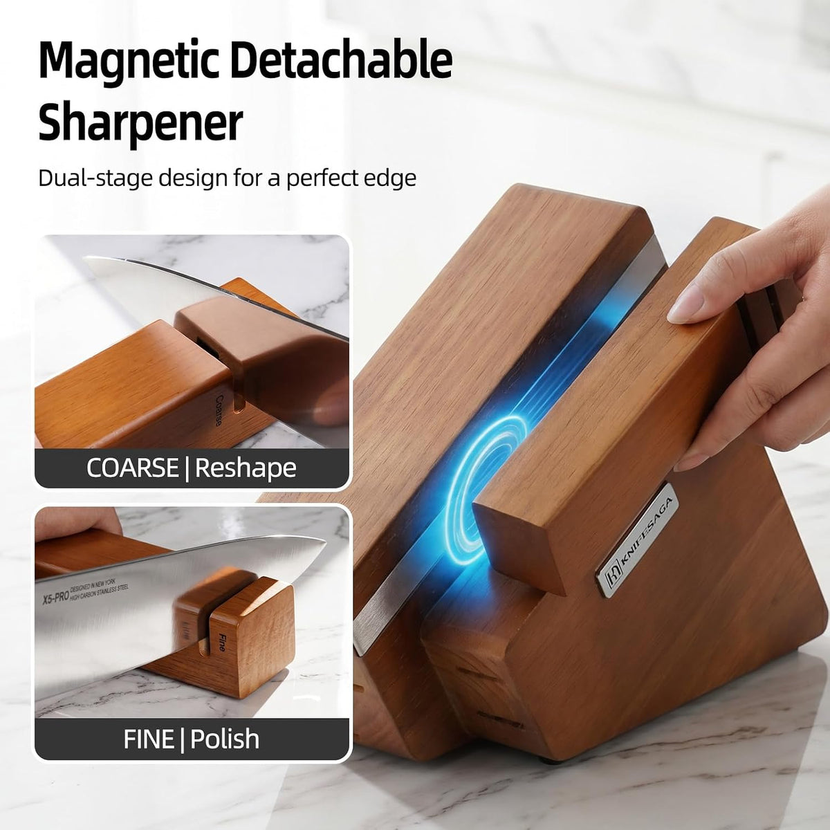 Ergonomic anti-slip handle and wooden knife block with removable two-stage sharpener from the X5 Pro 8-piece set