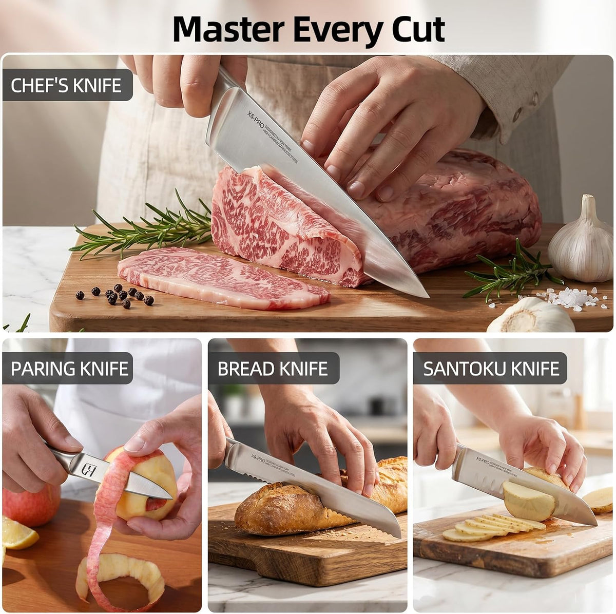 KnifeSaga 8-piece knife set includes an 8" chef knife, 7" santoku knife, 8" bread knife, 5" serrated utility knife, 3.5" paring knife.