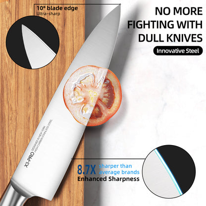 KnifeSaga X3 Pro chef knife with handcrafted 10-degree ultra-sharp blade slicing a tomato on wooden board, 8.7 times sharper than average kitchen knives and innovative high-carbon stainless steel construction