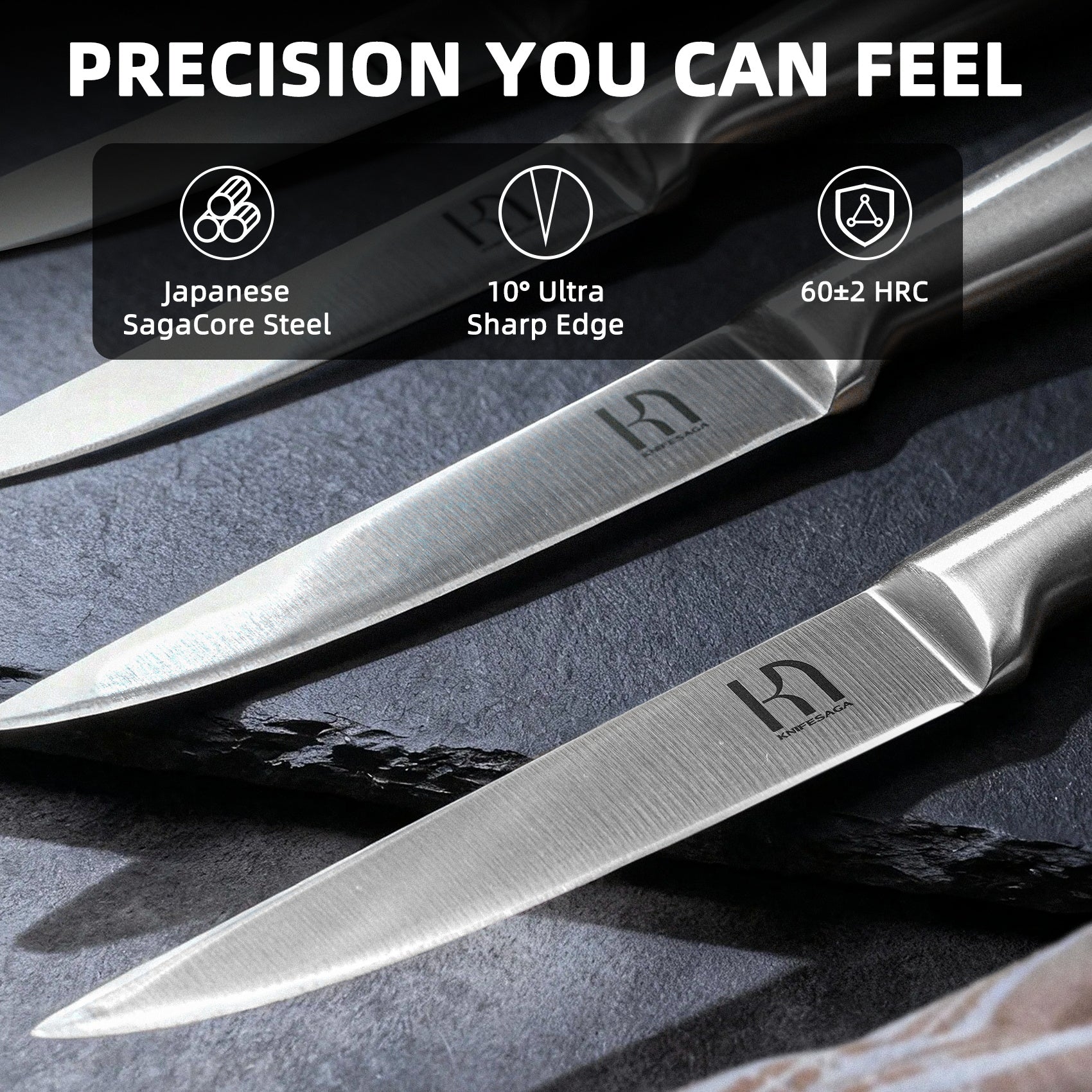Close-up of two KnifeSaga santoku knife blades laid side by side on slate, showcasing Japanese SagaCore steel, 10-degree ultra sharp edge and 60 plus or minus 2 Rockwell hardness for precision cutting
