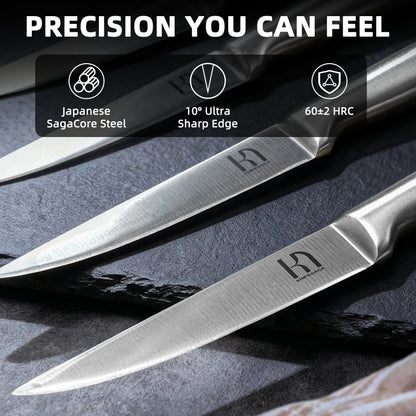 Close-up of two KnifeSaga santoku knife blades laid side by side on slate, showcasing Japanese SagaCore steel, 10-degree ultra sharp edge and 60 plus or minus 2 Rockwell hardness for precision cutting
