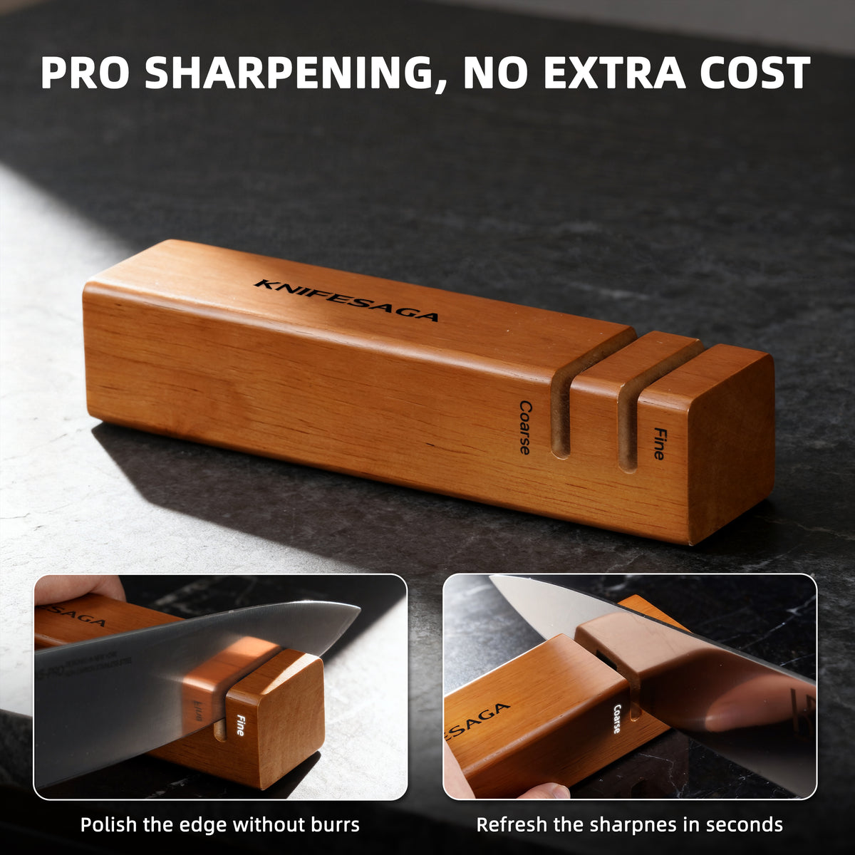 KnifeSaga two-stage wooden knife sharpener with coarse and fine slots, showing professional edge polishing and quick knife sharpening without extra tools on dark stone surface