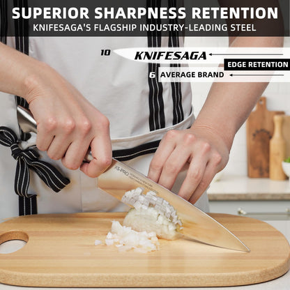 Chef dicing an onion with the KnifeSaga X5 Pro chef knife demonstrating superior edge retention, 10 stroke durability versus 5 strokes for average kitchen knife brands