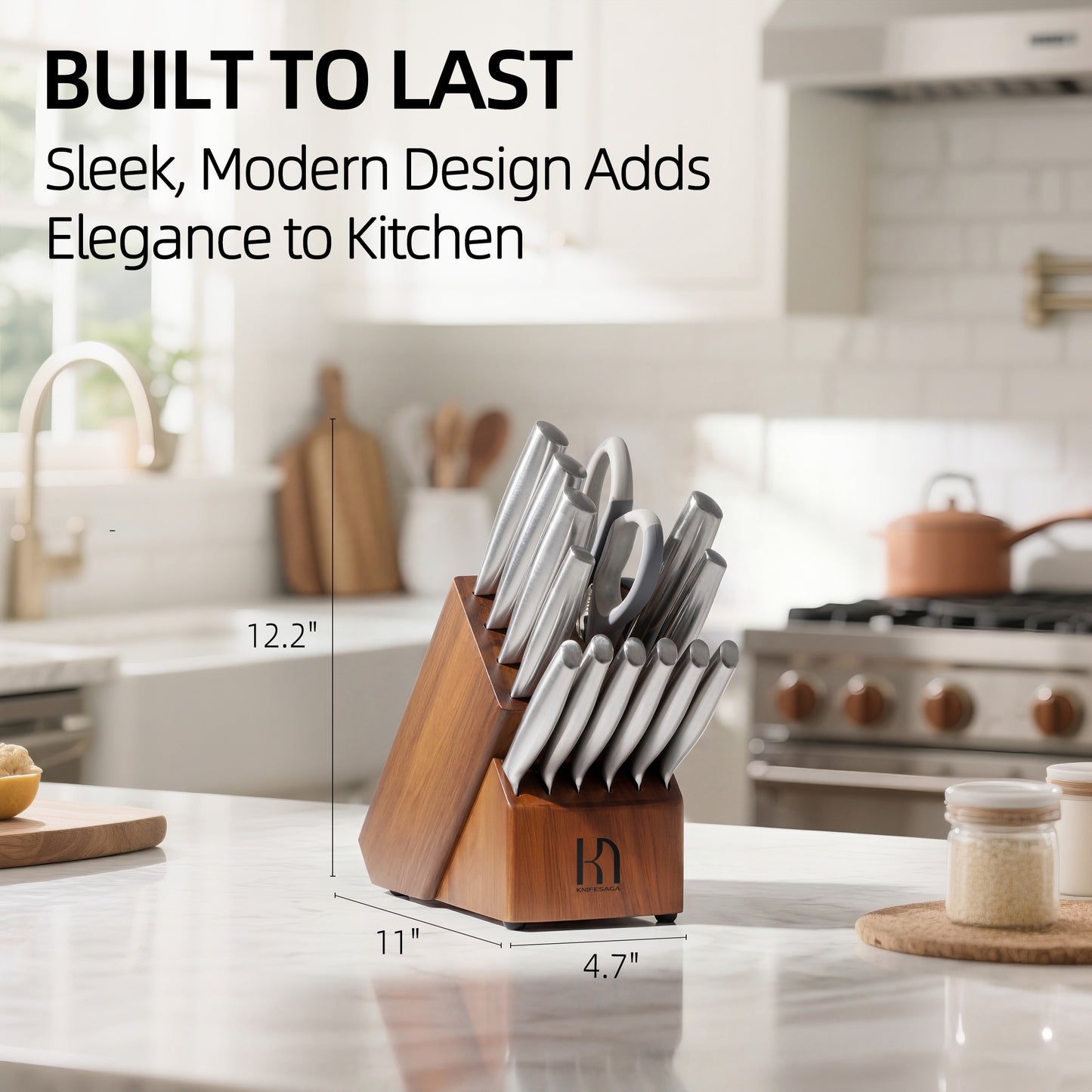 Sleek modern KnifeSaga angled knife block set on marble countertop in elegant bright kitchen, dimensions 12.2 by 11 by 4.7 inches, contemporary design that adds long-lasting elegance to home kitchens