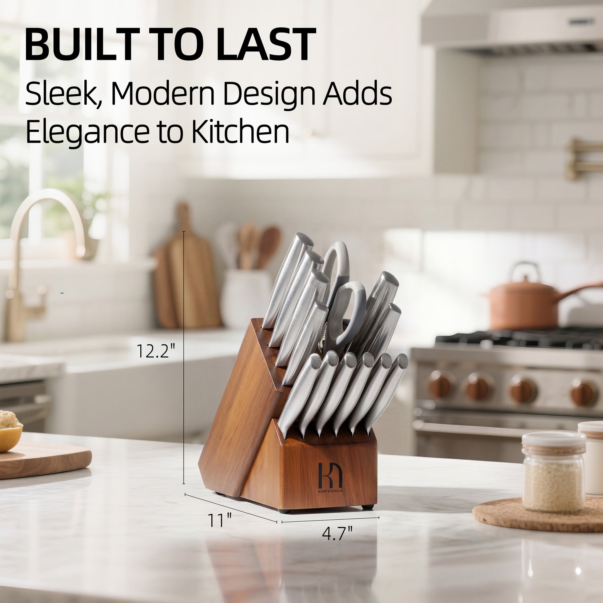 Sleek modern KnifeSaga angled knife block set on marble countertop in elegant bright kitchen, dimensions 12.2 by 11 by 4.7 inches, contemporary design that adds long-lasting elegance to home kitchens