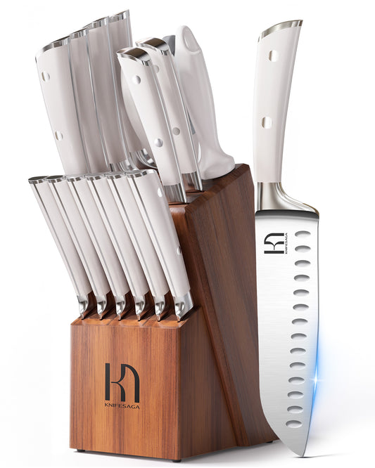 KnifeSaga 15 Pcs Japanese Knife Set with Sharpener, Premuim, Razor Sharp
Innovative Steel, High Carbon Stainless, Enduring Sharpness, Ergonomic Handle, Quality Acacia Wood Block, Full-tang, Gift Box