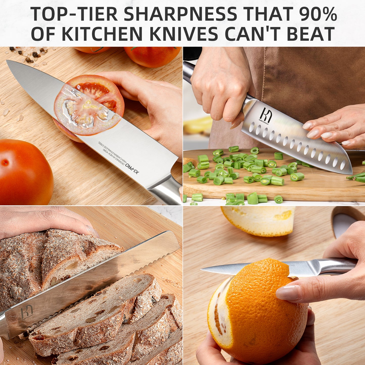 KnifeSaga chef knife slicing tomato and green beans, cutting sourdough bread, and peeling an orange in four scenes demonstrating top-tier sharpness on wooden cutting boards