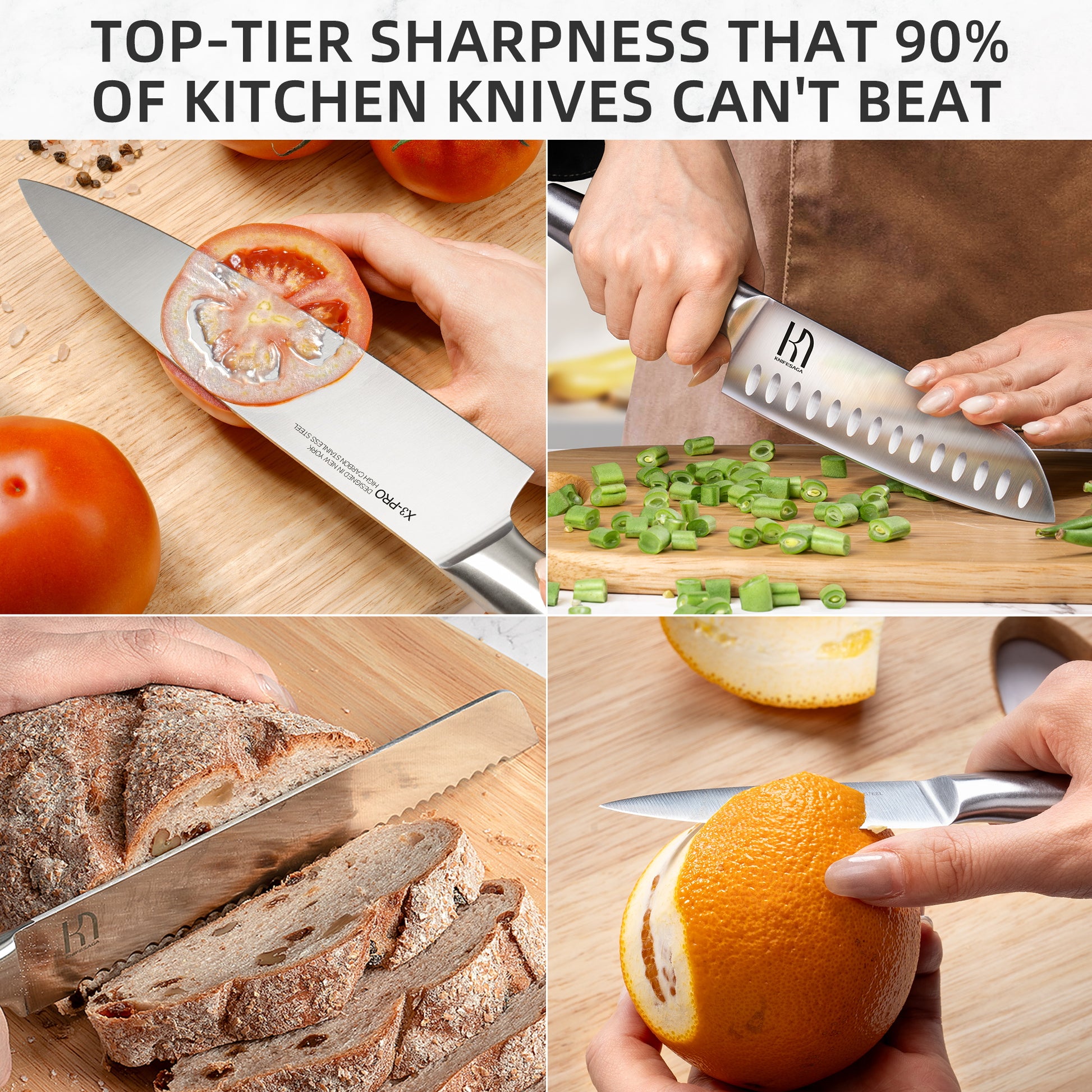 KnifeSaga chef knife slicing tomato and green beans, cutting sourdough bread, and peeling an orange in four scenes demonstrating top-tier sharpness on wooden cutting boards