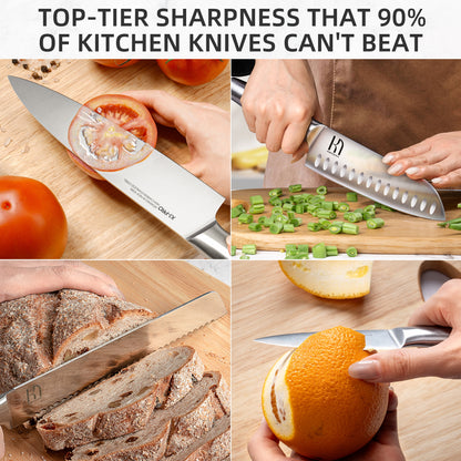 KnifeSaga chef knife slicing tomato and green beans, cutting sourdough bread, and peeling an orange in four scenes demonstrating top-tier sharpness on wooden cutting boards