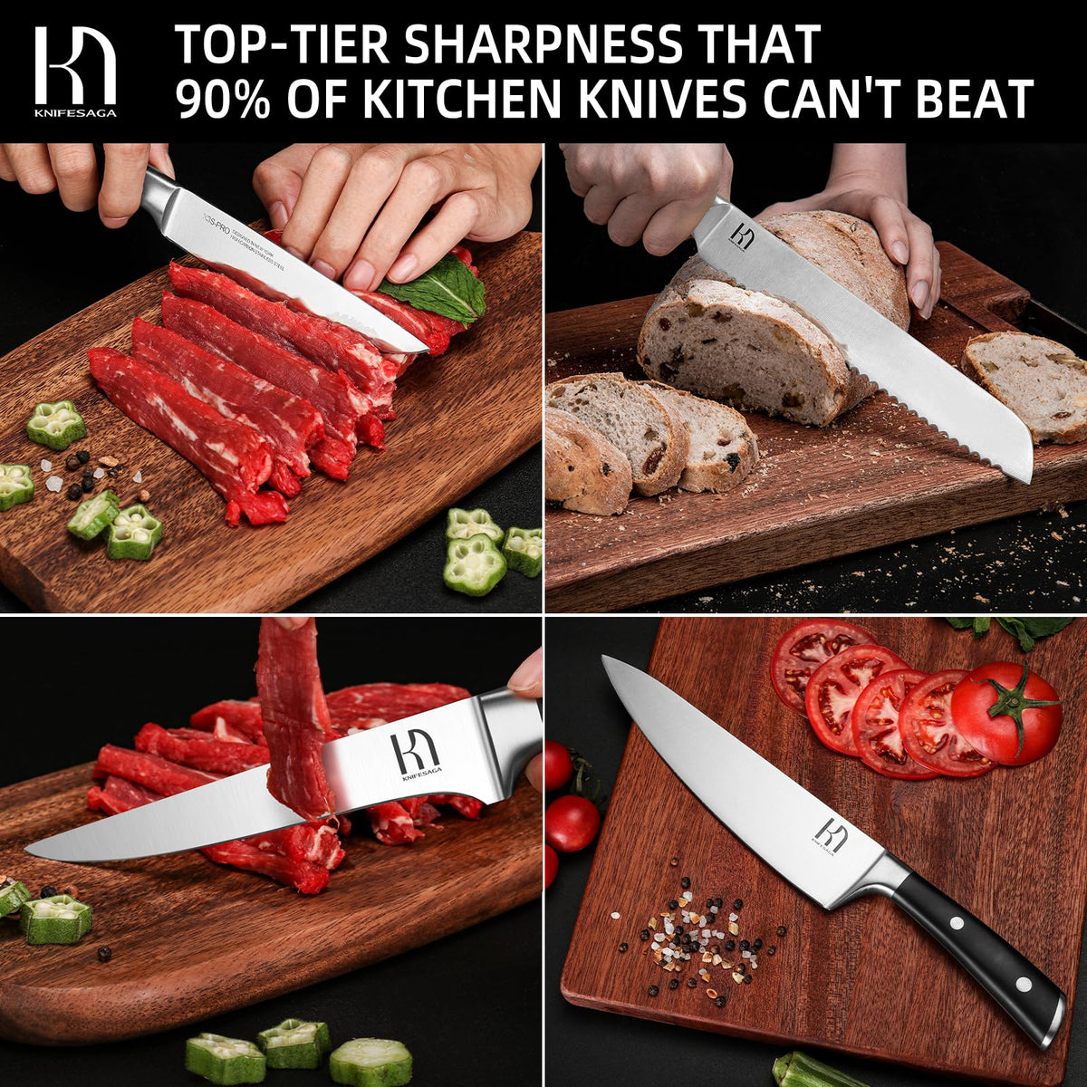 KnifeSaga 8-piece knife set in use across four prep tasks: slicing raw steak on a wooden board, cutting sourdough bread, trimming meat fillets and slicing fresh tomatoes
