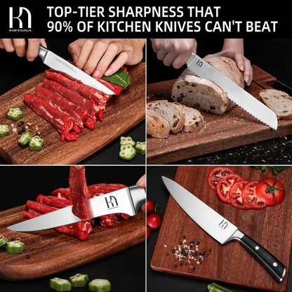 KnifeSaga 8-piece knife set in use across four prep tasks: slicing raw steak on a wooden board, cutting sourdough bread, trimming meat fillets and slicing fresh tomatoes