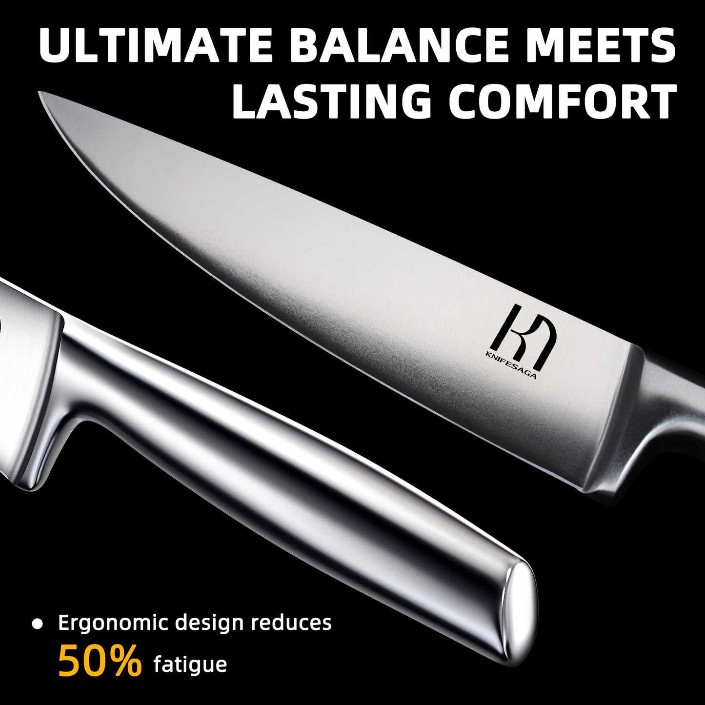 Close-up of all-stainless steel KnifeSaga chef knife showing seamless one-piece construction for ultimate balance and ergonomic design that reduces hand fatigue by 50 percent
