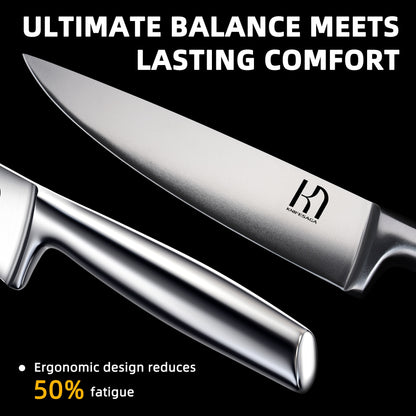 Close-up of all-stainless steel KnifeSaga chef knife showing seamless one-piece construction for ultimate balance and ergonomic design that reduces hand fatigue by 50 percent
