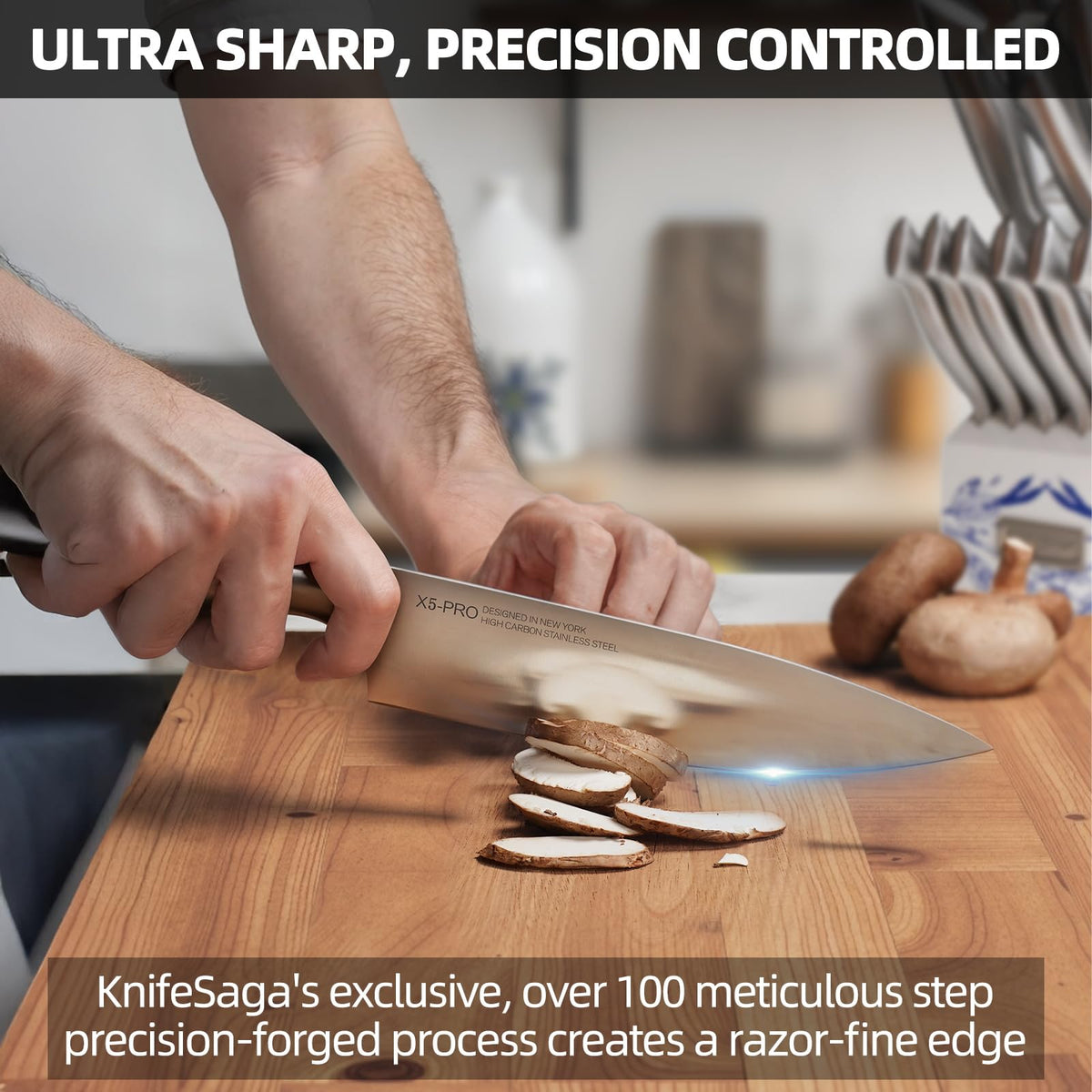 Chef using the KnifeSaga X5 Pro chef knife to make precise thin mushroom slices on wooden cutting board, showing razor-fine edge from over 100 step precision-forged process