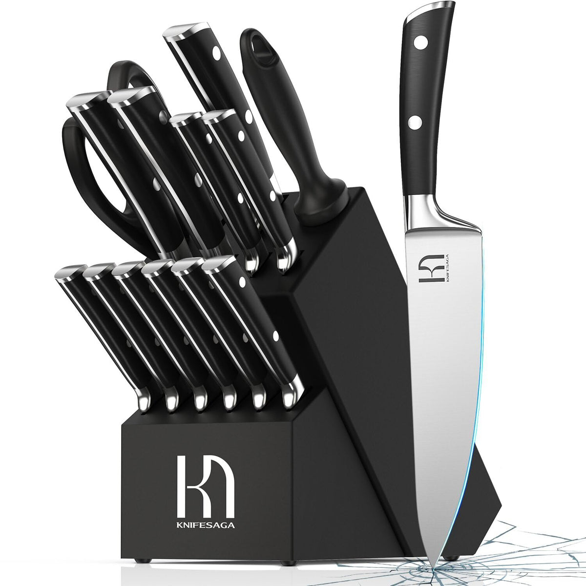 KnifeSaga Knife Set 15 Pcs High Carbon Stainless Steel Kitchen Knife Sets with Block & Sharpener, Premium Razor-Sharp Black Knives Block Set for Kitchen, Ergonomic Full-Tang Handle